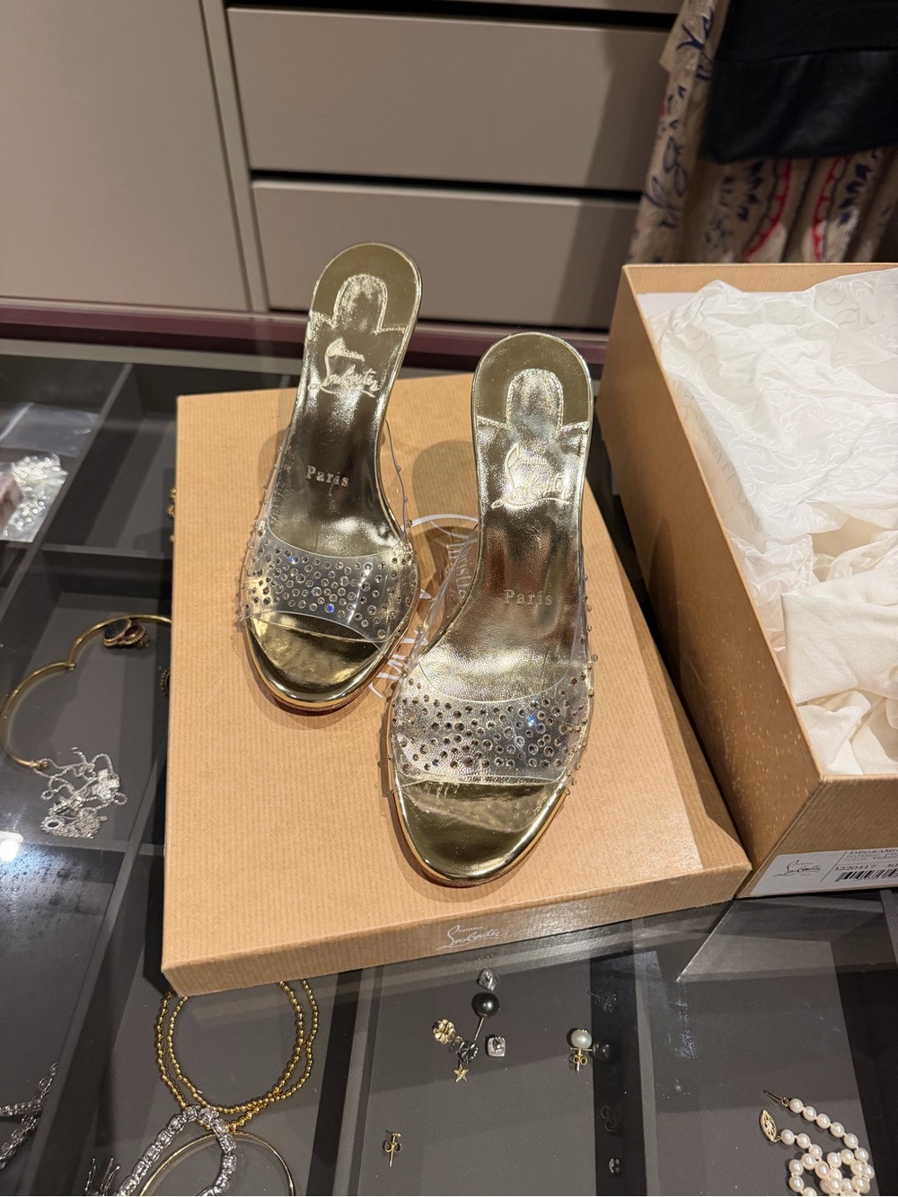 Christian Louboutin Gold Crystal Slide Sandals